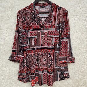 Cocomo Woman Tunic Top Womens 1X Red‎ Black Patchwork Bandana Print Boho Tunic